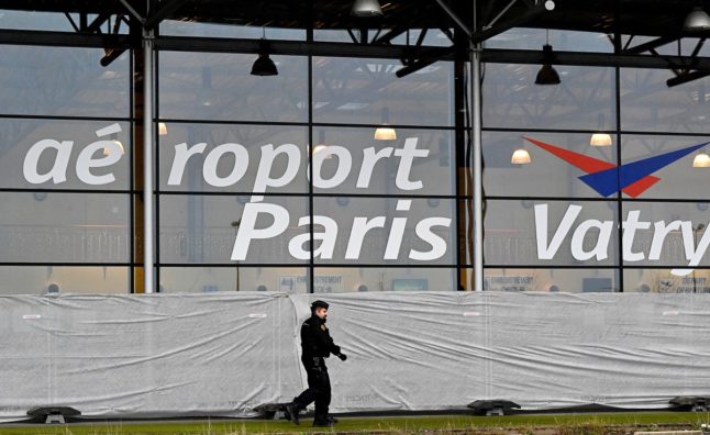 A French gendarme patrols around a terminal at Vatry airport, north-eastern France.