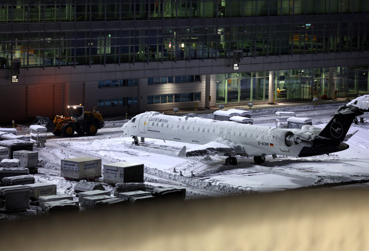 A grounded aircraft at Munich airport on Monday evening.