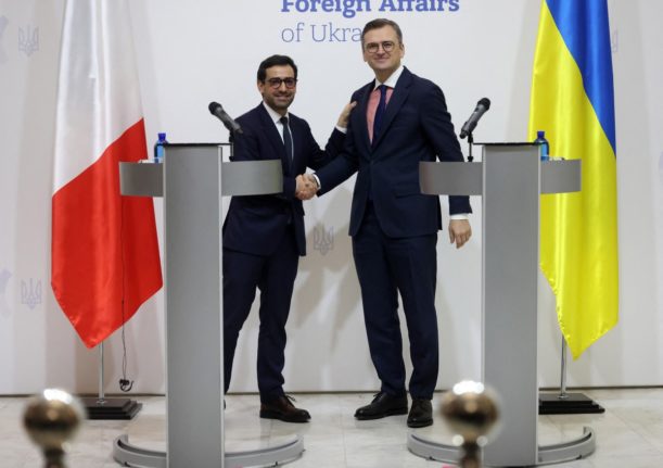 Ukrainian Foreign Minister Dmytro Kuleba (R) and French Foreign and European Affairs Minister Stephane Sejourne (L) hold a press conference at Ukraine's Ministry of Foreign Affairs