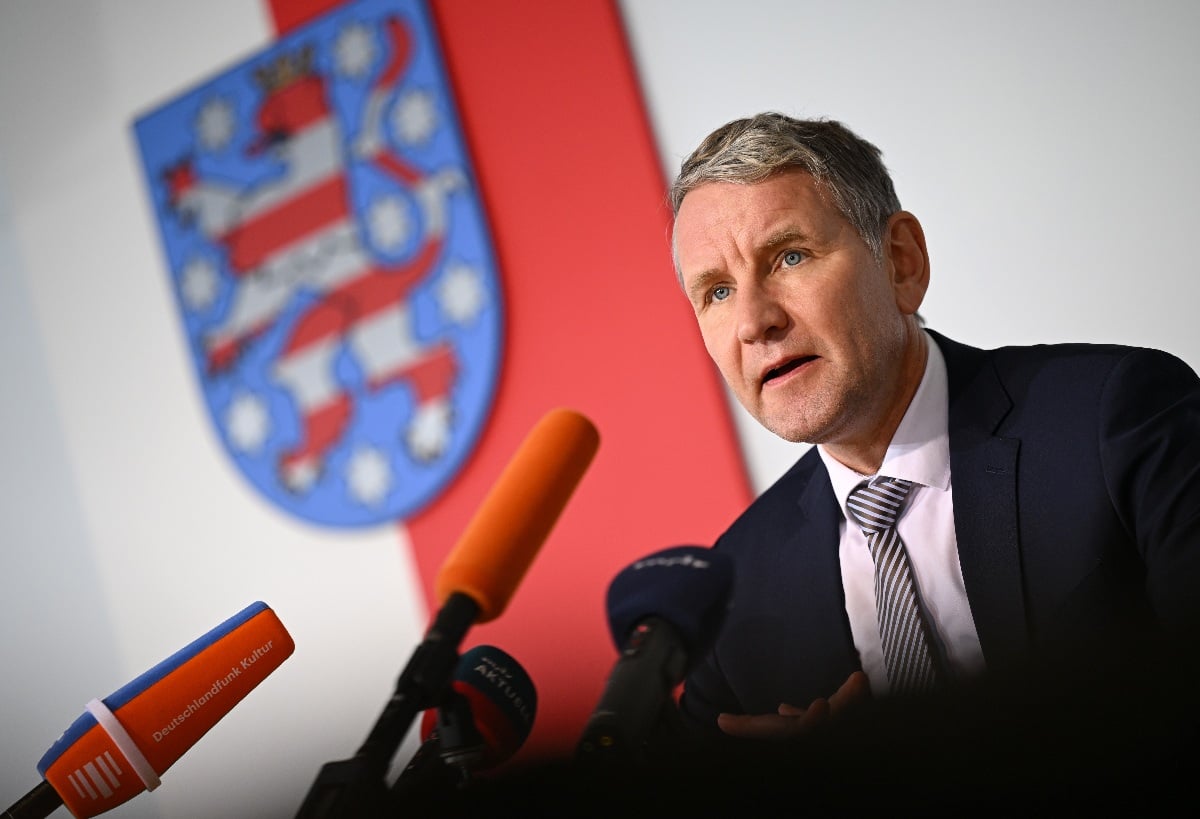 Björn Höcke (AfD), parliamentary group leader in the Thuringian state parliament, speaks to journalists during a press conference in December 2023.