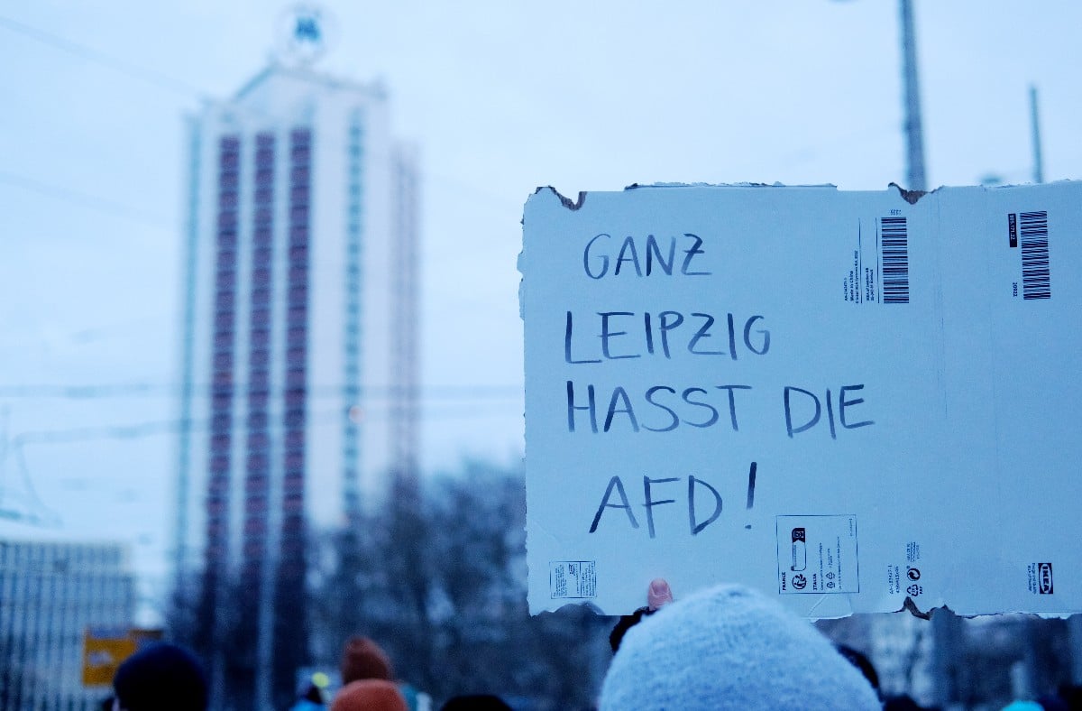 A sign at a protest on Sunday says: 'The whole of Leipzig hates the AfD'. 