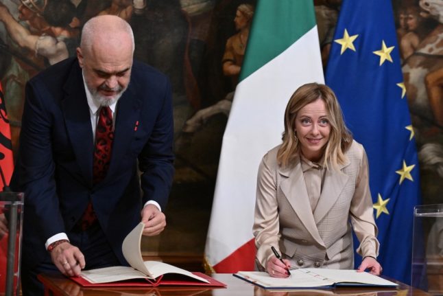 Italy's Prime Minister, Giorgia Meloni and Albania's Prime Minister Edi Rama at Rome's Palazzo Chigi on November 6, 2023.