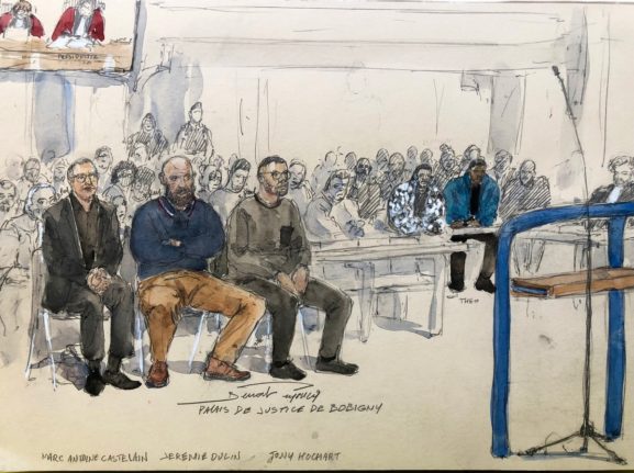 This court sketch from January 9, 2024, the first day of the trial shows the three Seine-Saint-Denis police officers who appeared, L to R, Marc-Antoine Castelain, 34, Jeremie Dulin, 42, and Tony Hochart, 31, over the violent arrest in 2017 Theo Luhaka (3rd R).