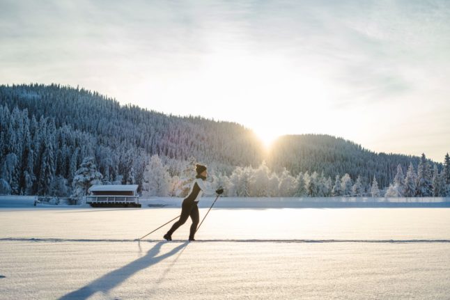 pictured is a person cross-country skiing.
