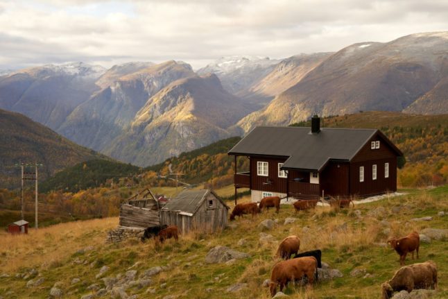 Pictured is a cabin in the mountains in the area around the Aurlandsfjord.