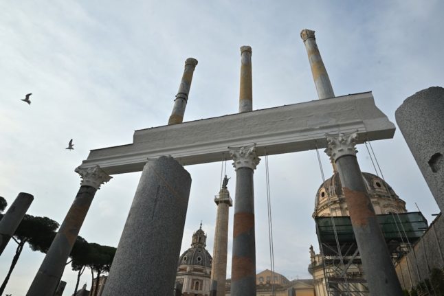 The partial reconstruction of the two-storey colonnade of the basilica Ulpia in the Trajan forum in Rome on February 2, 2024.