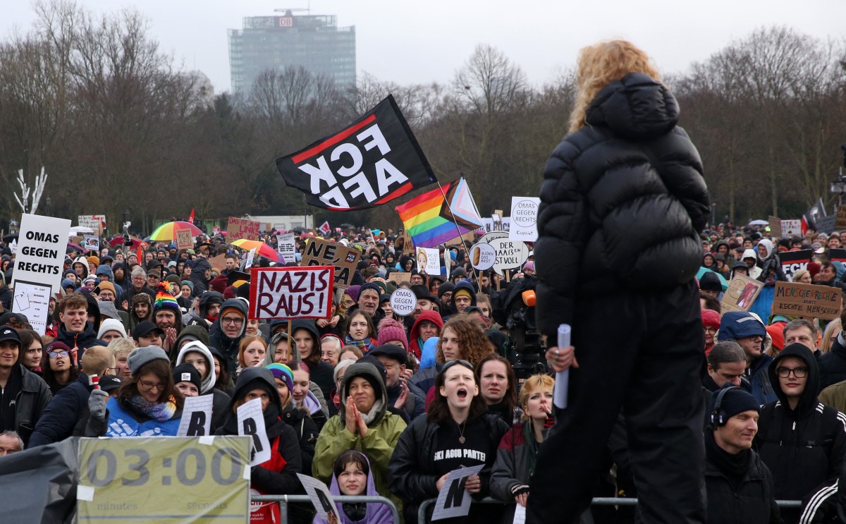 Demonstrators protest against the far-right Alternative for Germany (AfD) party outside the Reichstag building in Berlin, Germany 