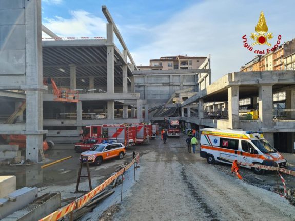 Photo and handout from February 16, 2024 by the Vigili del Fuoco, the Italian Corps. of Firefighters, shows the construction site where five workers were killed after a part of the structure collapsed in Florence.