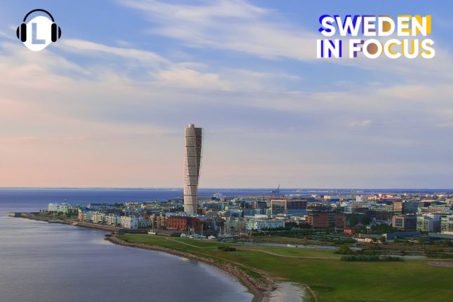 Malmö from afar with Turning Torso tower in focus