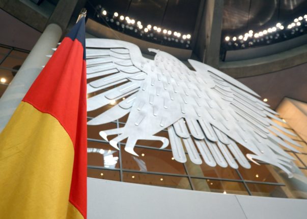 A German flag in the Bundestag in Berlin.