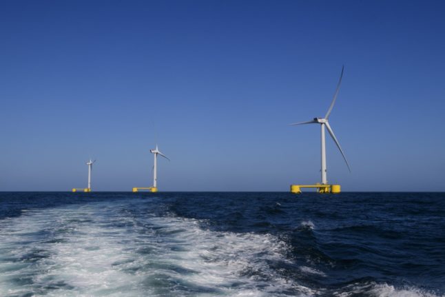 Pictured is an AFP photo of a windfarm off the coast of Portugal.