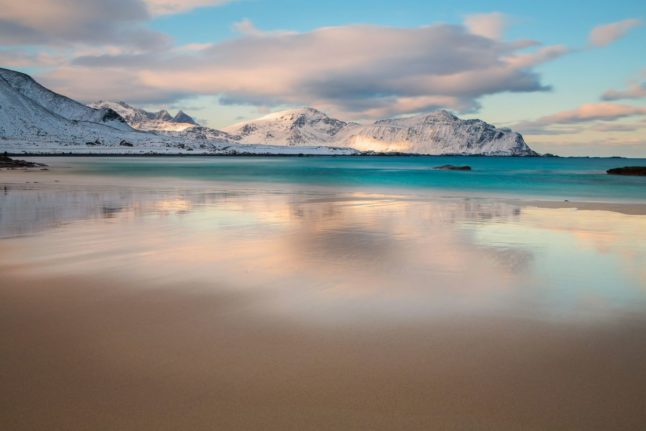 Pictured is a beach in the Lofoten region of Norway.