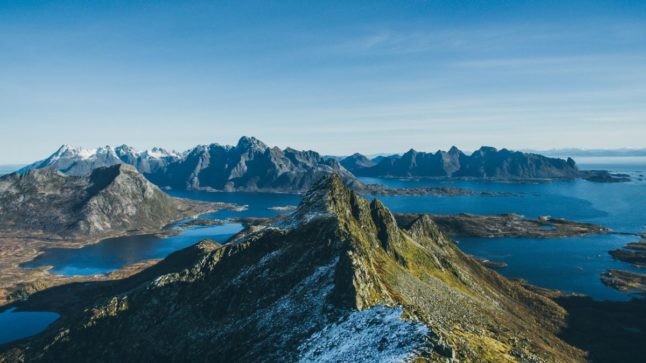 Pictured is a view of Lofoten in Norway during the spring.