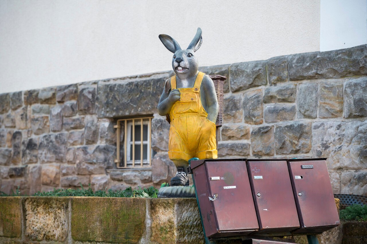 An Easter hare statue outside ah ouse in Coburg, Bavaria.