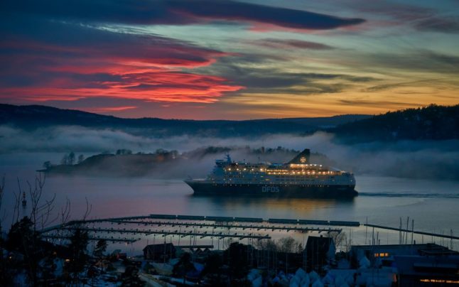Pictured is the DFDS ferry near Drøbak.