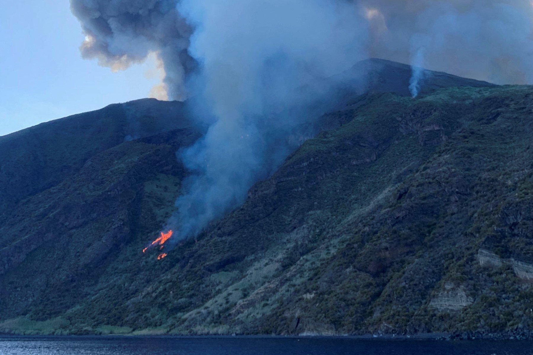 View of the eruption of the Stromboli volcano in July 2019 on the Stromboli island