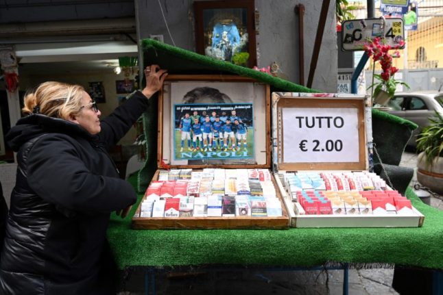 A tobacconist's stall in Naples' Forcella district.