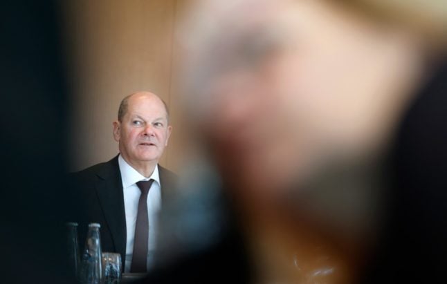 German Chancellor Olaf Scholz pictured preparing to lead the weekly cabinet meeting at the Chancellery in Berlin
