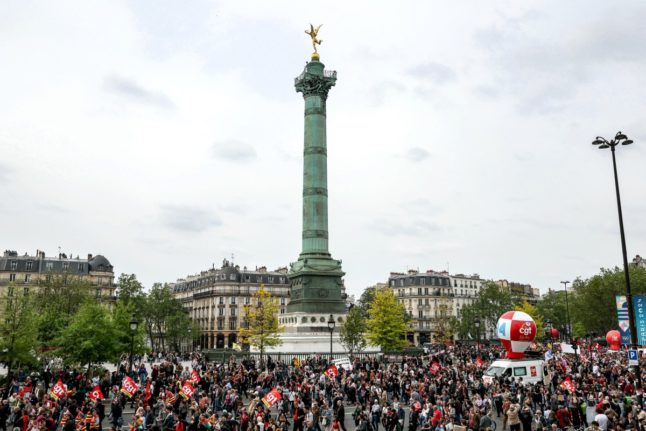 This general view of the place de la Bastille square shows demonstrators during the yearly protest marking International Labour Day, also known as Workers Day or May Day, in Paris