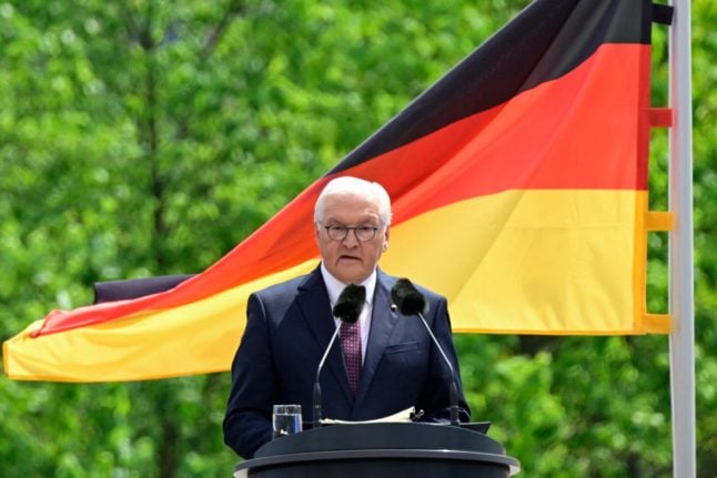 German President Frank-Walter Steinmeier delivers a speech during the state ceremony as part of celebrations to mark 75 years of the German Constitution in front of the Chancellery in Berlin, Germany on May 23, 2024.