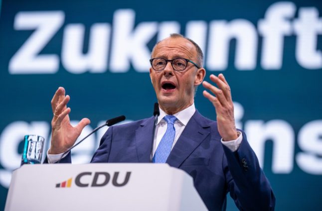 Friedrich Merz, CDU chairman, speaks at the CDU party conference on Monday.