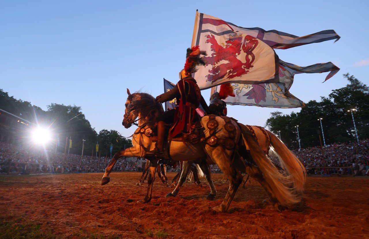 Knights compete in a jousting tournament in Kaltenberg