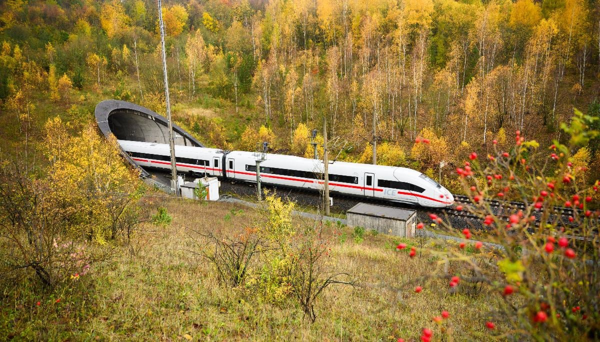 A German ICE long-distance train travels in Lower Saxony.