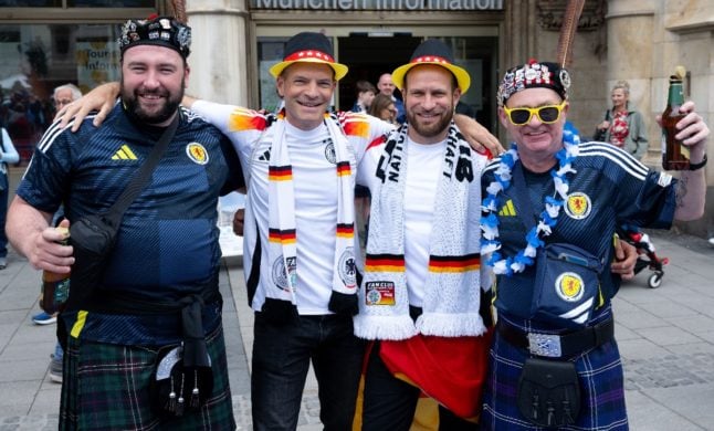 Scotland and Germany fans mingle in Munich ahead of the opening Euro 2024 game.