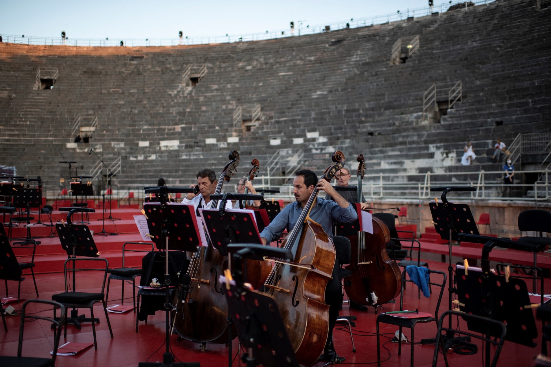 Musicians pictured during a rehearsal before a concert at Verona's Arena