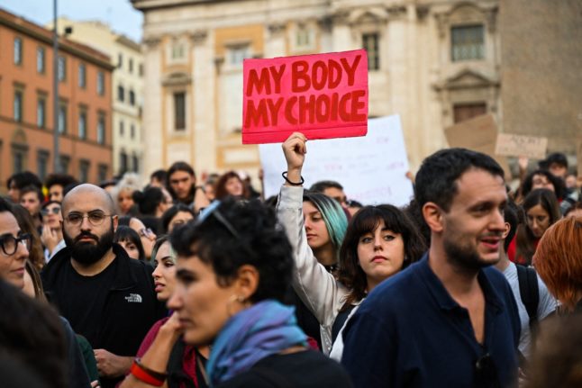 People gathered in downtown Rome mark the annual International Safe Abortion Day