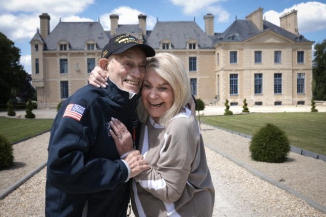 100-year-old American World War 2 veteran Harold Terens and his fiancée 96-year-old Jeanne Swerlin embrace outside their lodgings, the Chateau de Villers-Bocage, three days before their wedding on June 05, 2024 in Villers-Bocage, France.