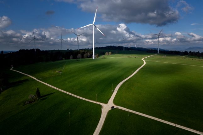 This photo from May 2024 shows wind turbines in Mont Soleil mountain, above Saint-Imier