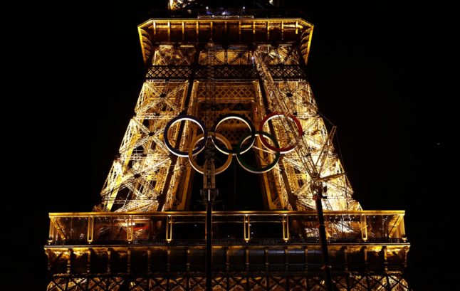 The Olympic rings on the Eiffel Tower for the upcoming Paris 2024 Games
