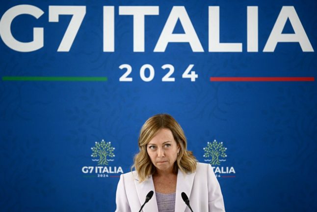 Italy's Prime Minister Giorgia Meloni gives a press conference on the last day of the G7 Summit hosted by Italy at the Borgo Egnazia resort near Bari in Apulia region