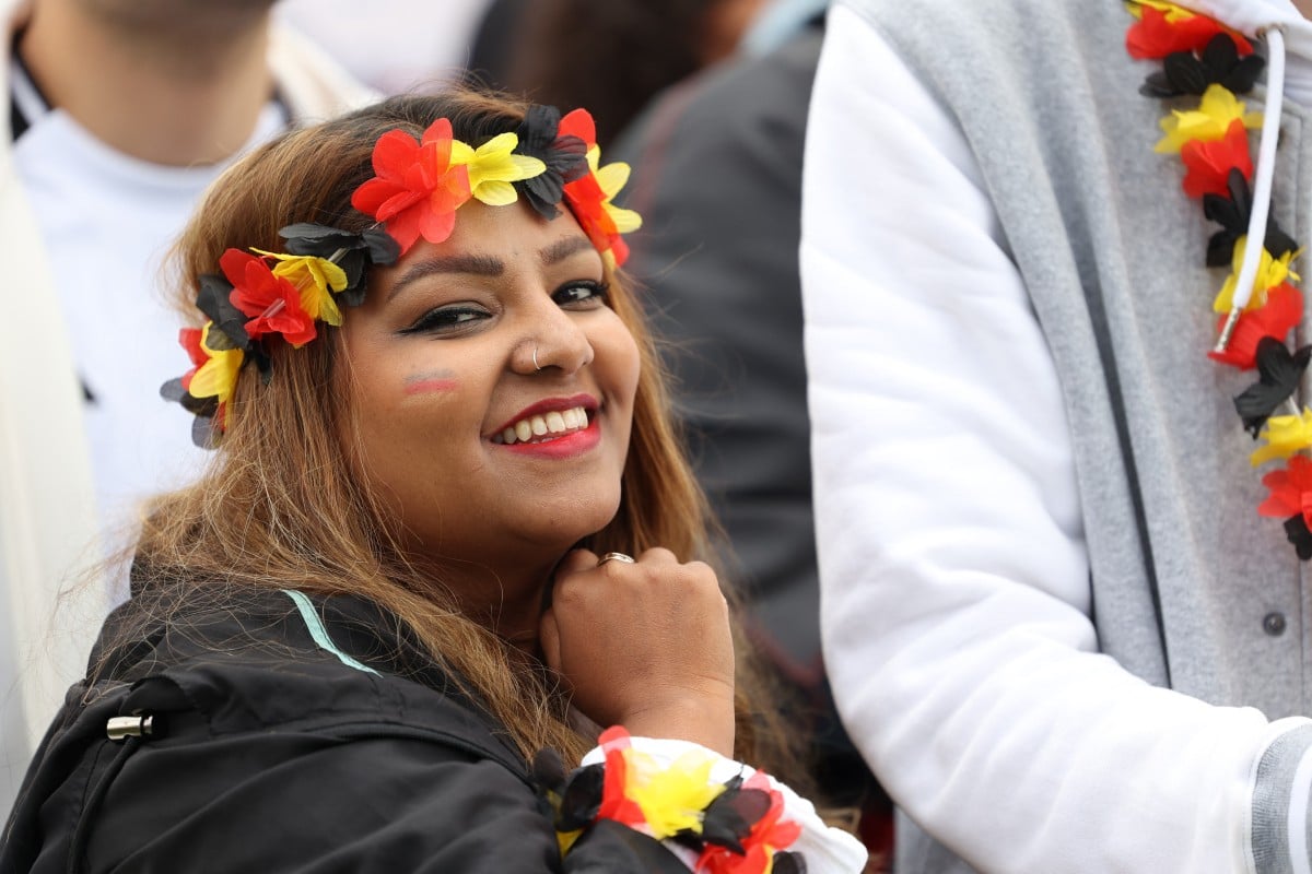 A Germany supporter at Berlin's fan zone ahead of the start of the public viewing for the match between Germany and Hungary on June 19, 2024. 