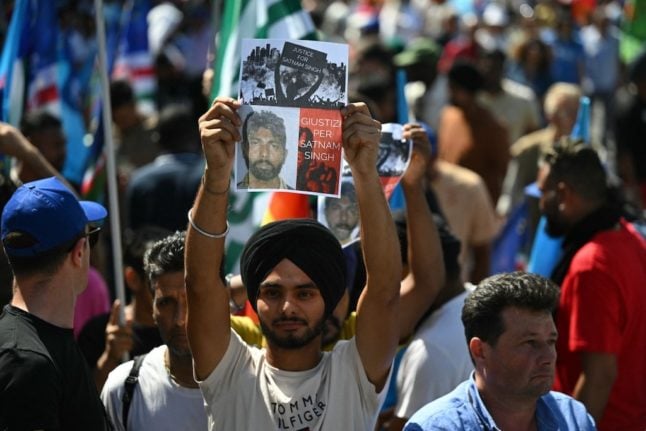 Members of the Indian community protest on June 25, 2024 in Latina, near Rome.