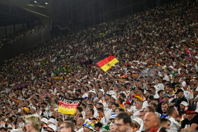 Germany supporters watch the round of 16 match between Germany and Denmark at the BVB Stadion Dortmund.