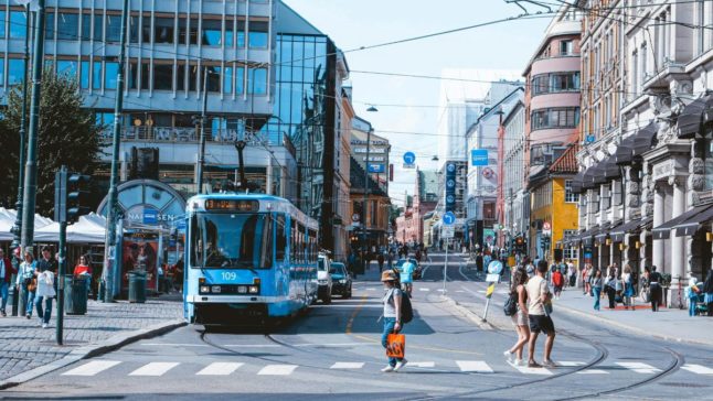 Pictured is a tram in Oslo.