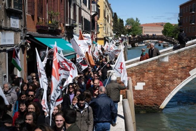 Protestors march against Venice's entry fee on April 25, 2024.