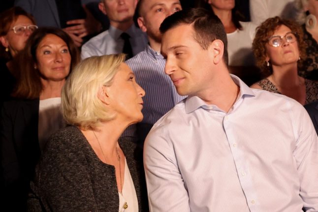 President of the French far-right Rassemblement National parliamentary group Marine Le Pen and the party's President Jordan Bardella