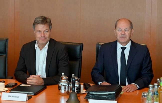 German Chancellor Olaf Scholz next to German Minister of Economics and Climate Protection Robert Habeck prior to the weekly cabinet meeting on July 3, 2024 at the Chancellery in Berlin.