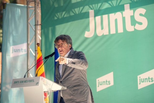 Exiled Catalan separatist leader, Spanish member of the European Parliament and founder of the Junts per Catalunya (Together for Catalonia) party Carles Puigdemont delivers a speech at Amelie-les-Bains, south-western France