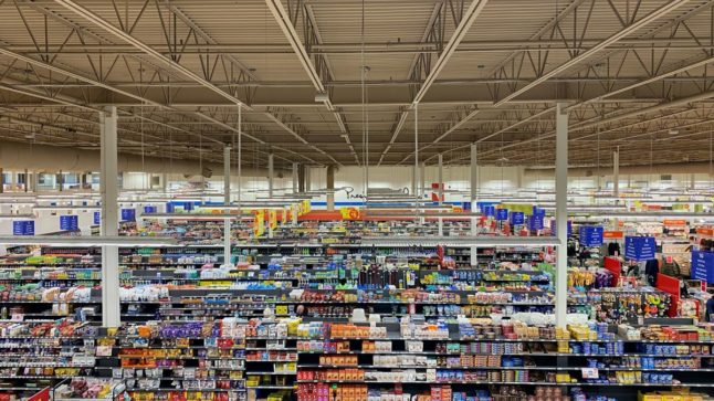 Pictured is a view of a supermarket.