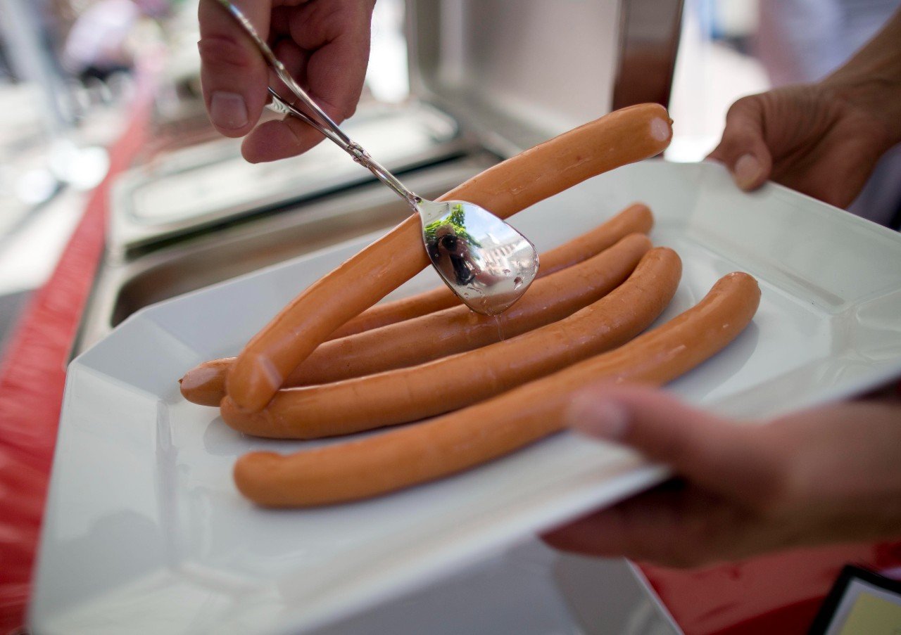 Traditional Frankfurter sausages on a plate. 