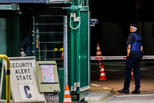 Soldiers guard the entrance area at the NATO Airbase in Geilenkirchen .