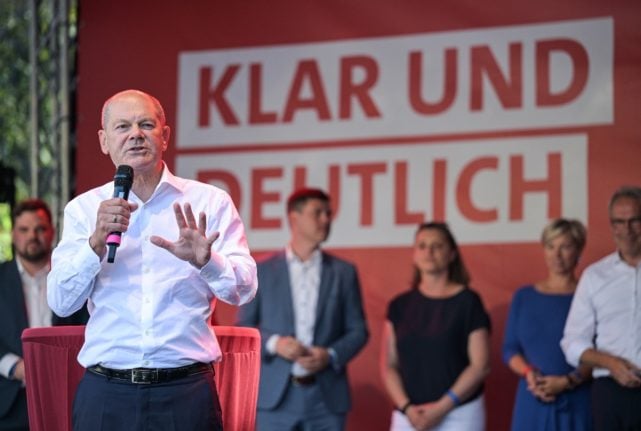 Chancellor Olaf Scholz (SPD) speaks at a campaign event in Jena, Thuringia, ahead of state elections.