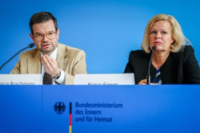 Justice Minister Marco Buschmann and Interior Minister Nancy Faeser speak at a press conference on Thursday