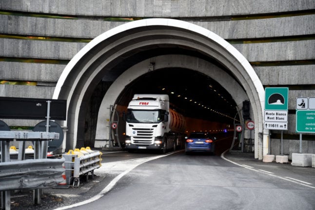 A truck exits the Mont Blanc tunnel in January 2017