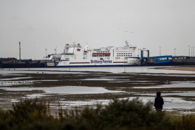 A Brittany Ferry is docked in the Canal de Caen in the Mer in Ouistreham, Normandy, in northwestern France in 2019.