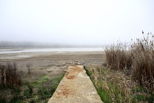 A picture shows the low level of water at Pergusa lake due to drought, on February 26, 2024 near Enna, Sicily